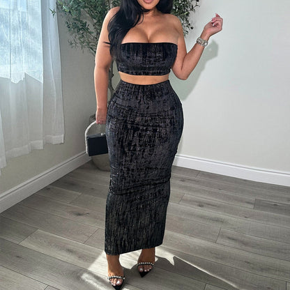 Open navel shiny silk strapless skirt set for women