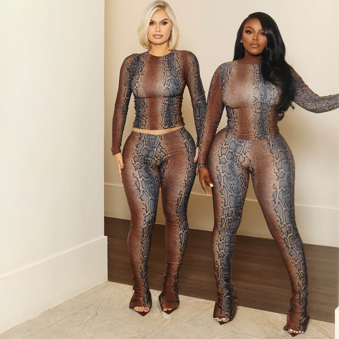 Serpentine print long sleeved top with micro flared pants set