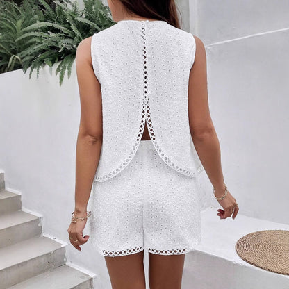 Solid Color Backless White Burnout Embroidered Camisole and Shorts Women's Summer Two-Piece Set