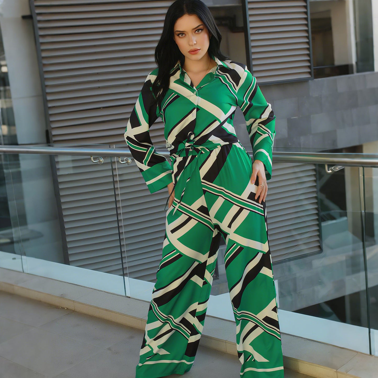New Casual Commute Abstract Long Sleeve Tie-neck Turn-down Collar Shirt Wide-leg Pants Set