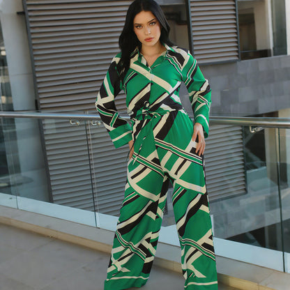 New Casual Commute Abstract Long Sleeve Tie-neck Turn-down Collar Shirt Wide-leg Pants Set