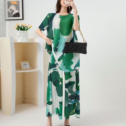 Pleated Fashion Suit Women's Summer New Design Sense Printed Large Size Top Wide Leg Pants Two-Piece Set