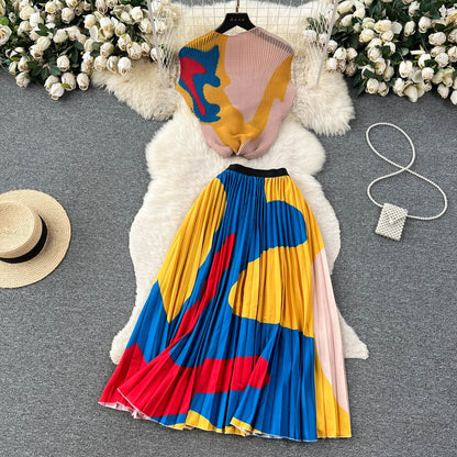 [EWQ] Elegant Short sleeved women's shirt+high waisted pleated skirt trend  2-piece set Summer vacation party clothing