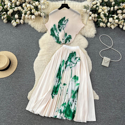 [EWQ] Elegant Short sleeved women's shirt+high waisted pleated skirt trend  2-piece set Summer vacation party clothing