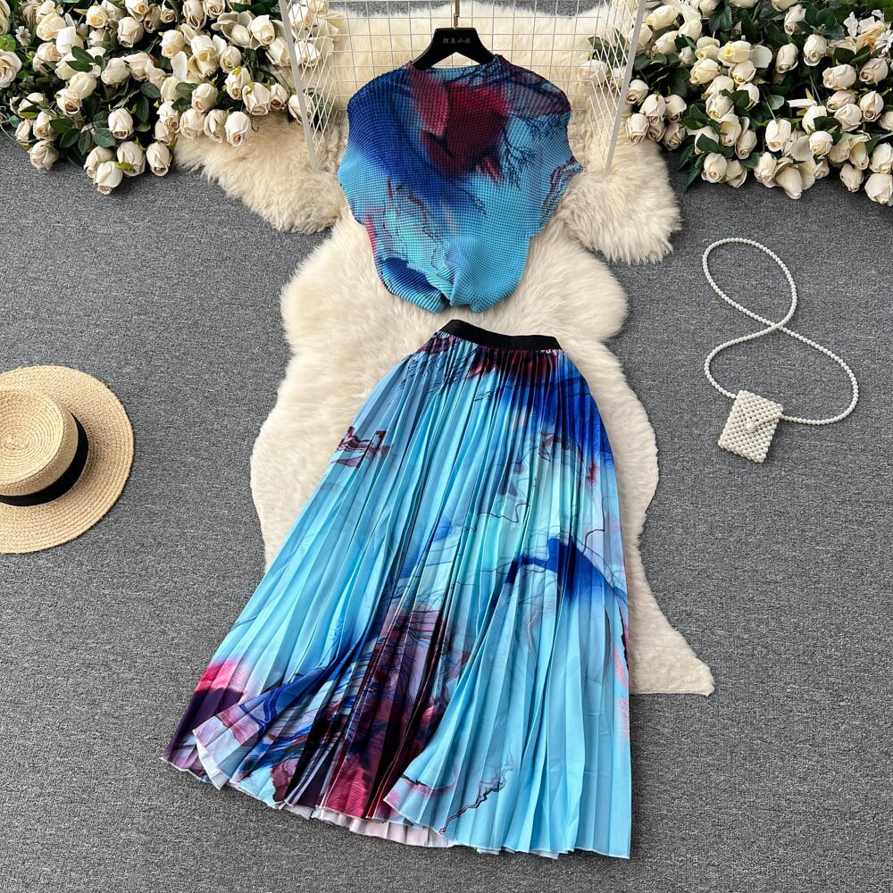 [EWQ] Elegant Short sleeved women's shirt+high waisted pleated skirt trend  2-piece set Summer vacation party clothing