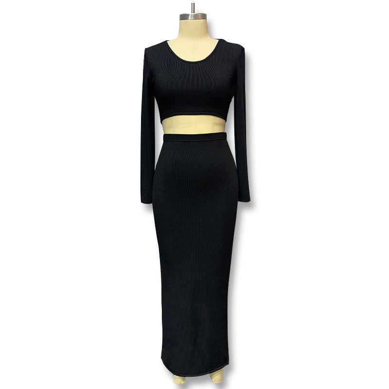 solid color knit long sleeve T-shirt set with split high-waisted bodycon skirt two-piece
