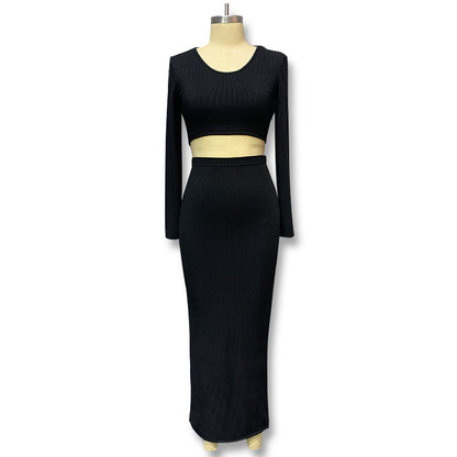 solid color knit long sleeve T-shirt set with split high-waisted bodycon skirt two-piece