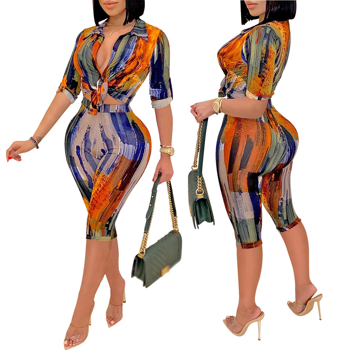 Casual Printed V-Neck Short Sleeve Shorts Set for Women