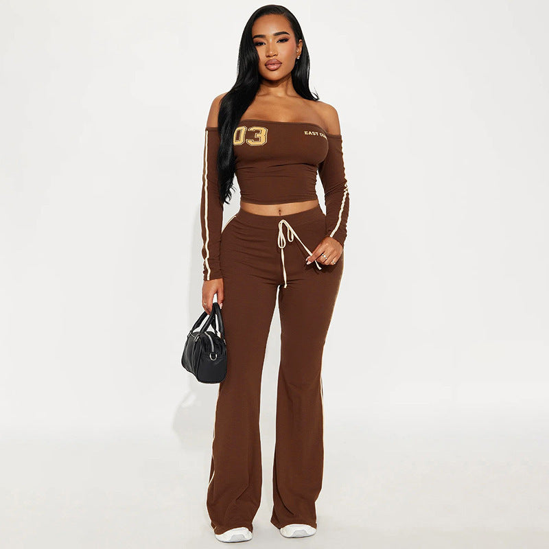 Off-Shoulder Letter Long Sleeve Top and Wide Leg Pants Athletic Set