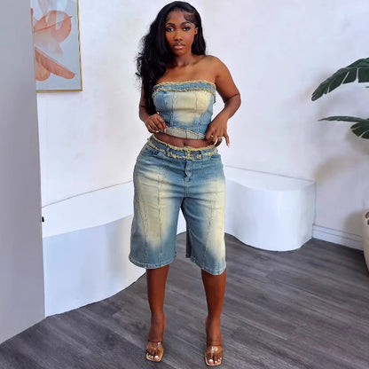 Women's Fashion Denim Set with Raw Hem Crop Top and High-Waisted Denim Shorts