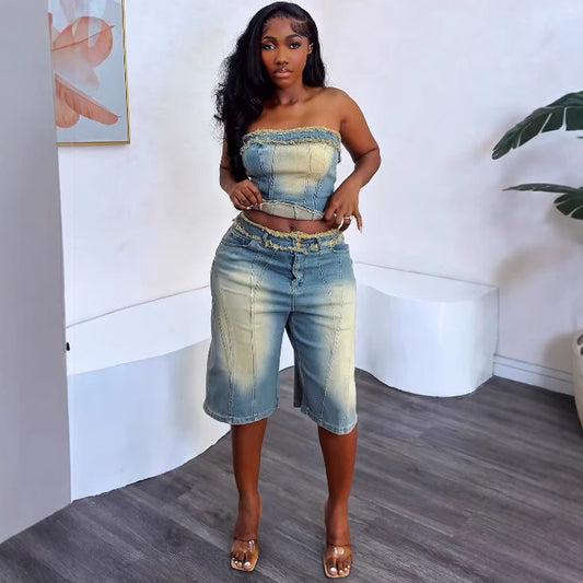 Women's Fashion Denim Set with Raw Hem Crop Top and High-Waisted Denim Shorts