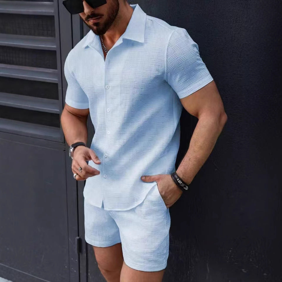 Men's short sleeved shirt shorts sports casual beach two-piece set