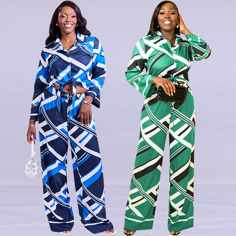 Casual Wide-Leg Pants Set with Abstract Pattern for Women Loose Fit Long Pants