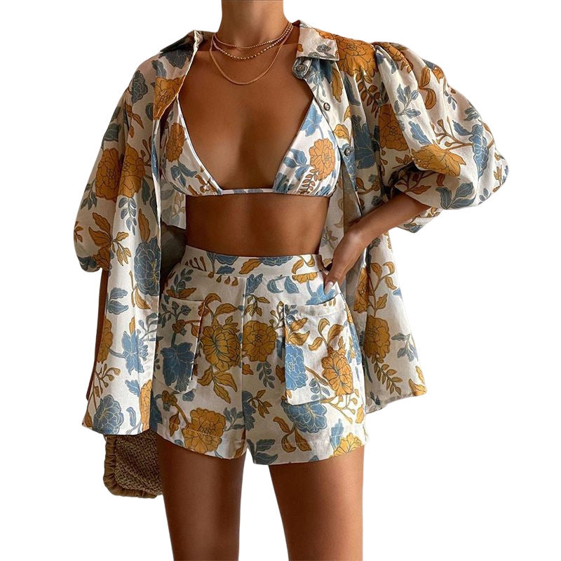 Women's Shirt + Strap Tank Top + Shorts Three-Piece Set