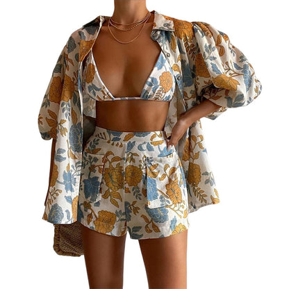 Women's Shirt + Strap Tank Top + Shorts Three-Piece Set