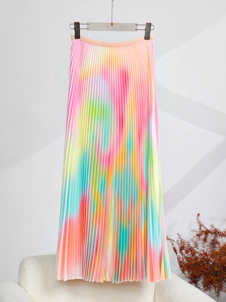 LANMREM Gradient Printing Pleated 2 Pieces Set For Women Round Neck Neck Long Sleeves Tops High Waist Fold Skirts  2YA3490