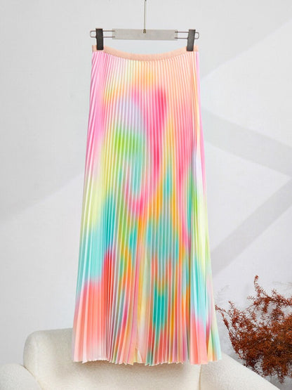 LANMREM Gradient Printing Pleated 2 Pieces Set For Women Round Neck Neck Long Sleeves Tops High Waist Fold Skirts  2YA3490