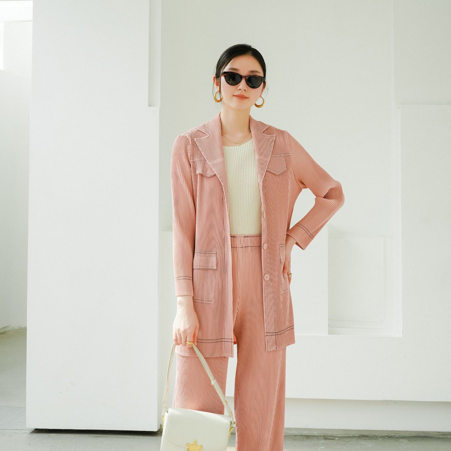 High-quality boutique-style spring new arrival, Issey Miyake pleated vintage high-end denim-inspired chic office suit set
