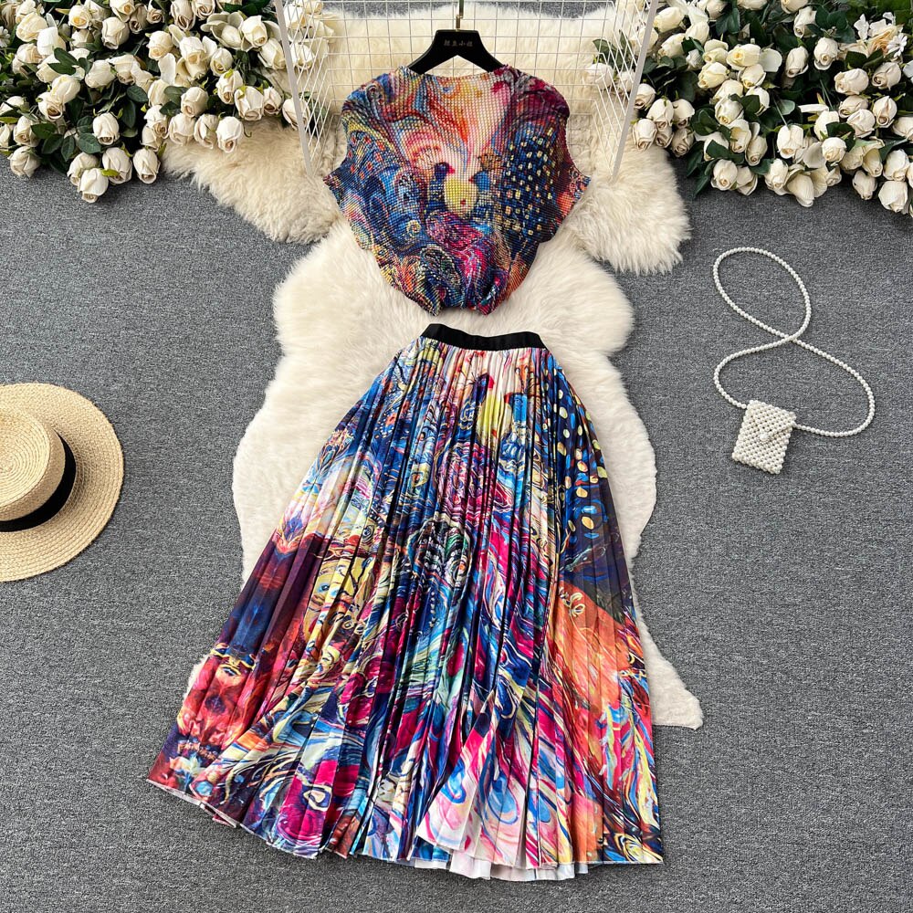 [EWQ] Elegant Short sleeved women's shirt+high waisted pleated skirt trend  2-piece set Summer vacation party clothing
