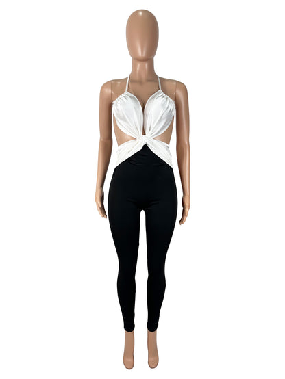 Color-blocked Cross-back High-waisted Bodycon Jumpsuit