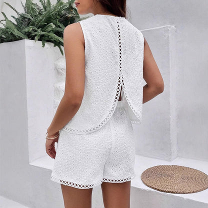 Solid Color Backless White Burnout Embroidered Camisole and Shorts Women's Summer Two-Piece Set