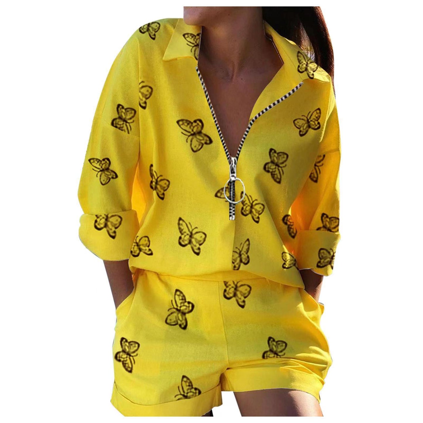 Fashionable Spring Women's Two-Piece Set with Long Sleeve Printed Zip-Up Top and Shorts