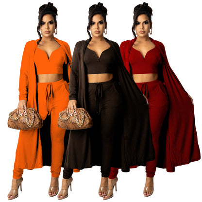 Women's solid color V-neck set