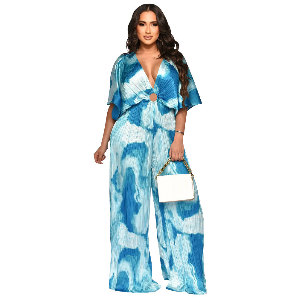 V-neck pleated jumpsuit for women