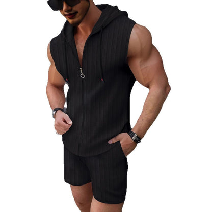 Hoodie set zipper T-shirt plaid sleeveless vest shorts two-piece set