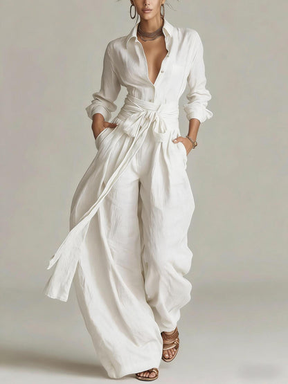 Solid color collar top high waisted pants two-piece set