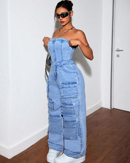 Women's Denim Jumpsuit Fashion Crop Top Multi-Pocket Utility Pants