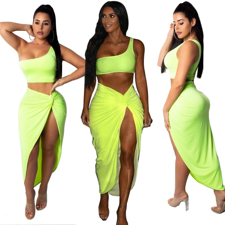 Two piece pleated solid color skirt set