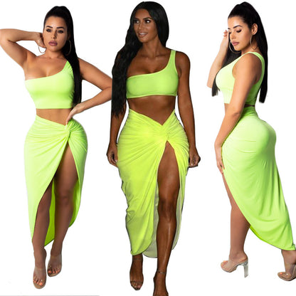 Two piece pleated solid color skirt set