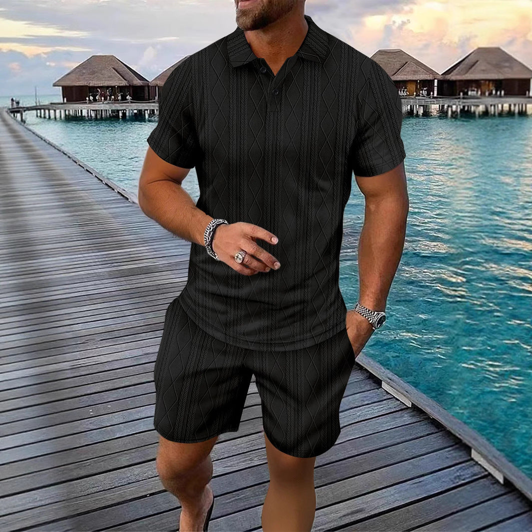 Collar men's short sleeved polo shirt jacquard casual versatile short sleeved shorts set