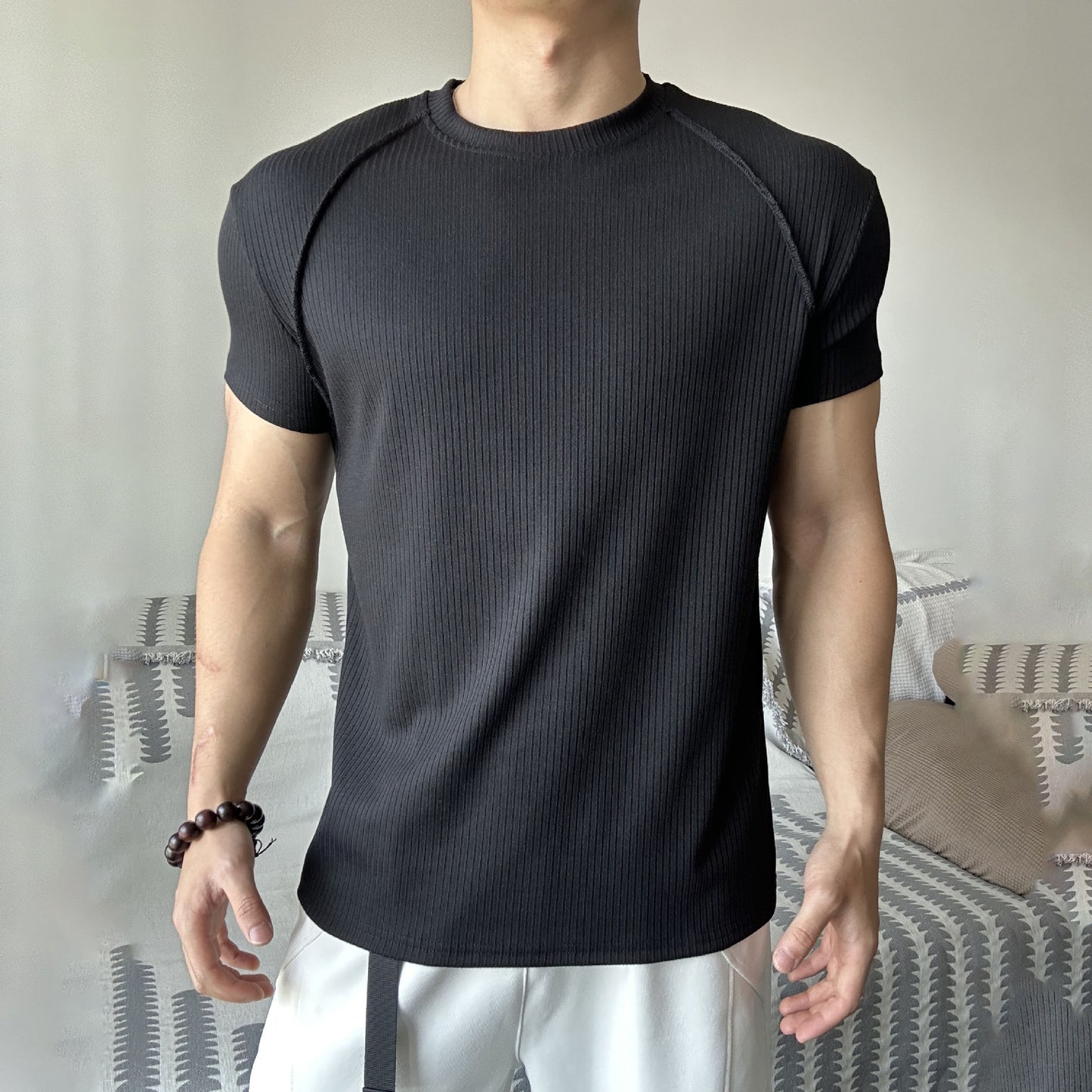 Custom Striped Panel Short Sleeve T-Shirt for Men, Sporty Casual Fitness Training Round Neck Solid Color Base Layer Clothing