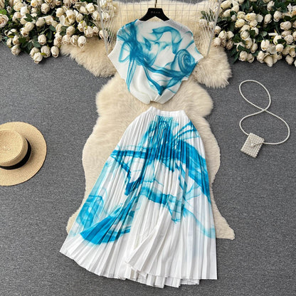 [EWQ] Elegant Short sleeved women's shirt+high waisted pleated skirt trend  2-piece set Summer vacation party clothing