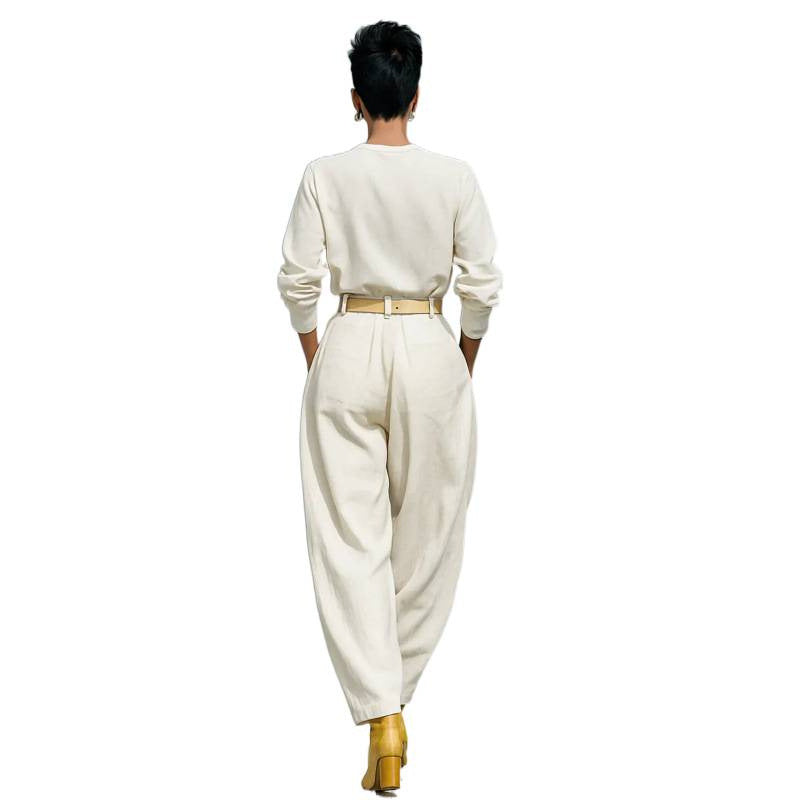 Casual women's two-piece set with loose top and harem wide-leg pants, includes belt