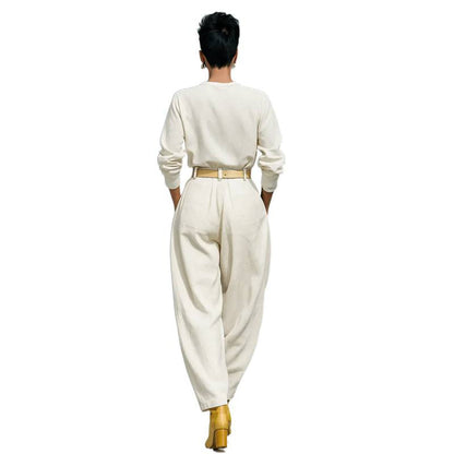 Casual women's two-piece set with loose top and harem wide-leg pants, includes belt