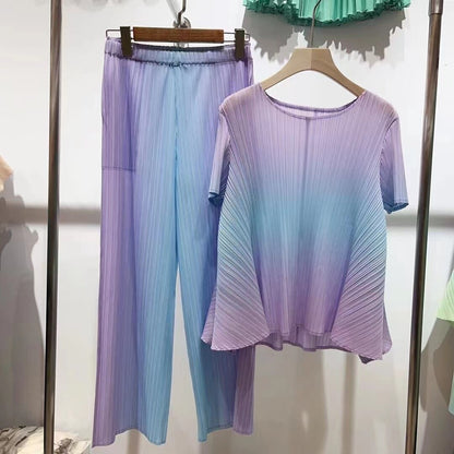 Pleated Gradient Set For Women Short Sleeves Loose Shirts With Wide Leg Pants Female Elegant Clothing Summer