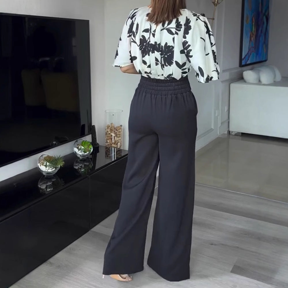 Vintage Style Black Satin Floral Trumpet Sleeve Top Set High Waist Casual Work Trousers