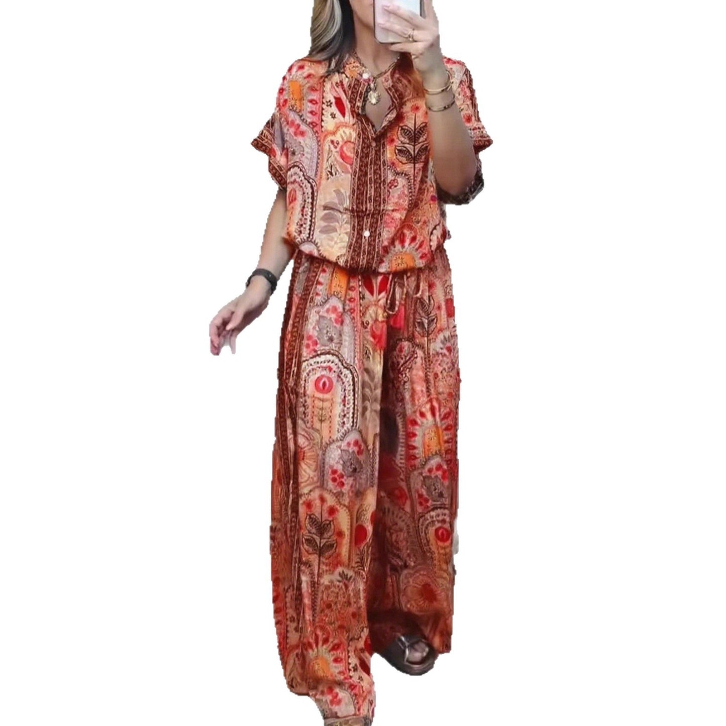 Fashionable Summer Casual Printed Round Neck Cardigan Top with Wide Leg Pants Two-Piece Set