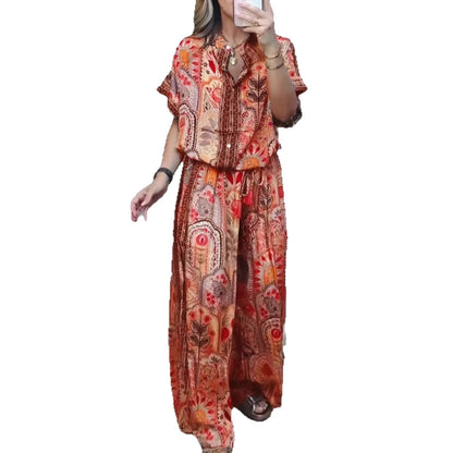 Fashionable Summer Casual Printed Round Neck Cardigan Top with Wide Leg Pants Two-Piece Set