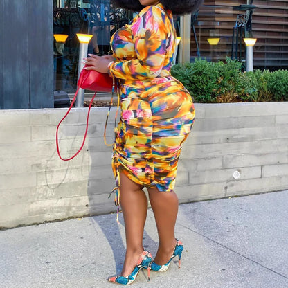 Style Plus Size Women's Long Sleeve Two-Piece Set with Irregular Elastic Printed Pleated Skirt Ensemble