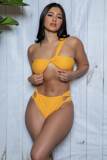 Nora asymmetrical one-piece swimsuit in yellow, front view