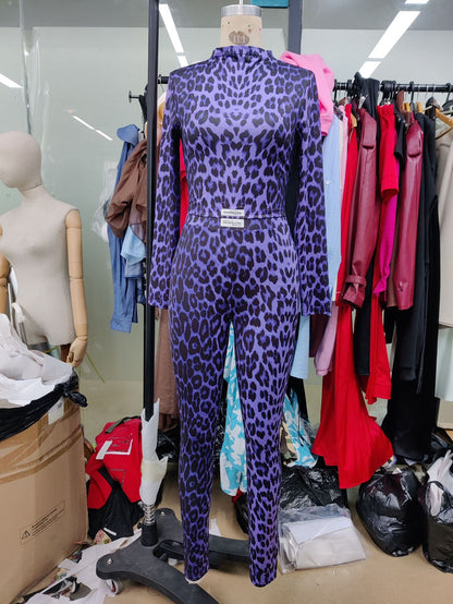 Fashion Leopard Print Long Sleeve Top High Waist Two-Piece Set Women's Outfit