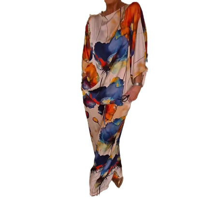 Elegant Satin Off-Shoulder Loose Printed Batwing Sleeve Drawstring Pants