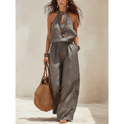 Style Solid Color Sleeveless Halter Neck Wide Leg Jumpsuit for Women