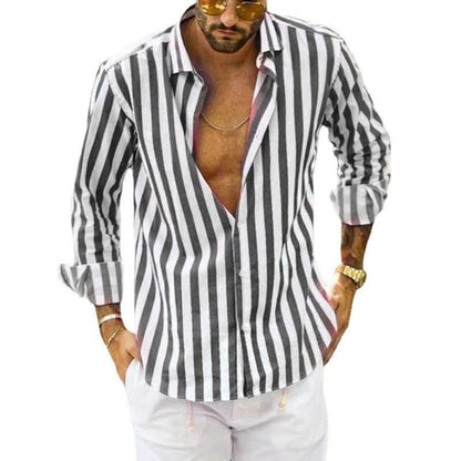 Classic Style Striped Long Sleeve Turn-Down Collar Loose Fit Shirt Men