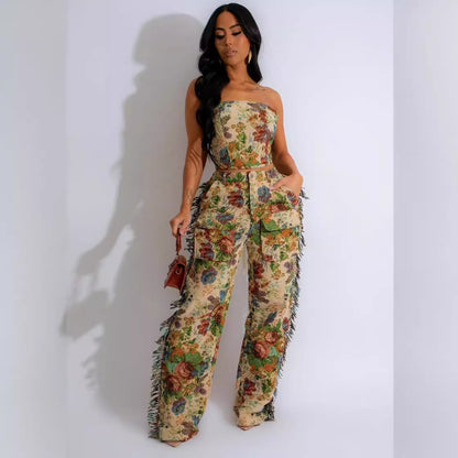 Women's sexy lace up, chest wrapped tassel pants, women's jacquard fashion suit