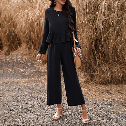 European and American women's spring/summer temperament casual set, solid color long sleeved top, loose pants